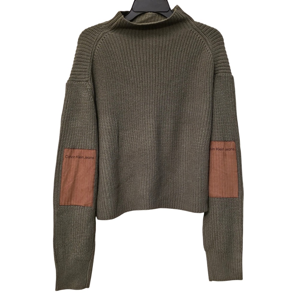 Calvin Klein Jeans Womens Olive Green Mock Neck Elbow Patch Ribbed Sweater M NEW
